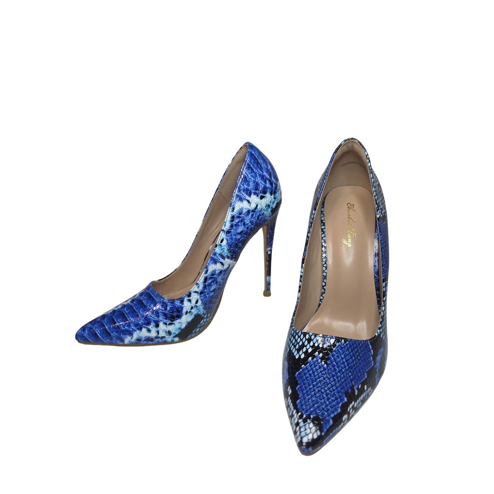Elisabet Tang Blue Snakeskin Pointed Toe Stiletto Pumps Heels Womens Sz7 Sexy